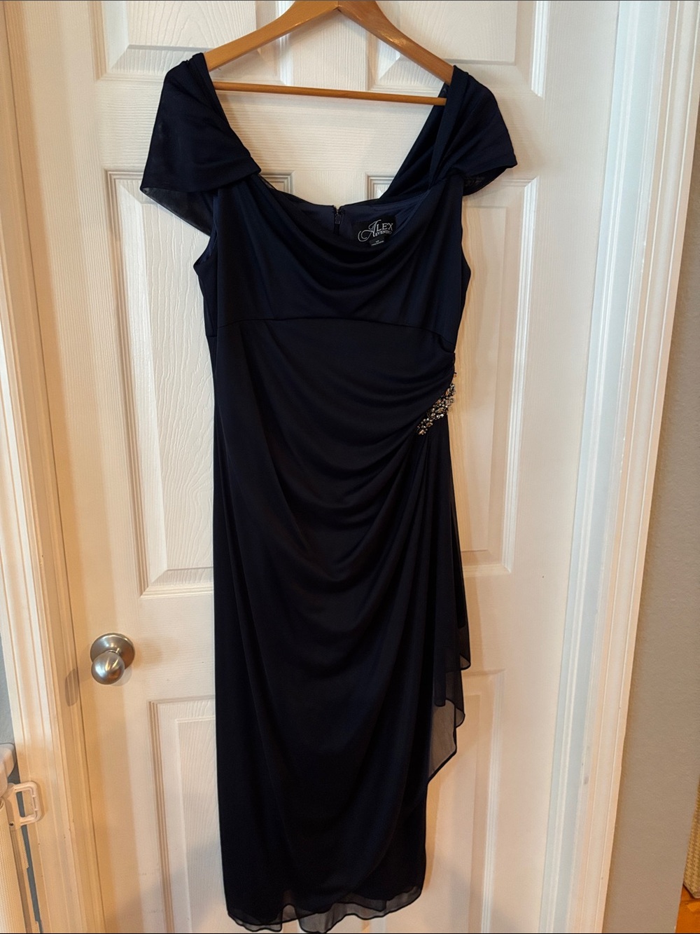 Alex Evenings Navy Off-the-Shoulder Midi Dress with Side Embellishment
